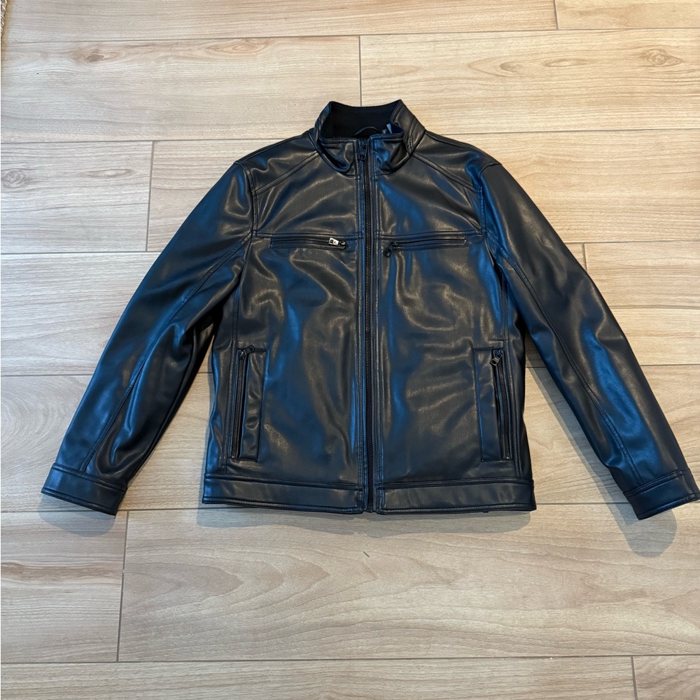 Calvin Klein Men's Faux Leather Jacket Vintage Inspired Biker Rocker Grunge